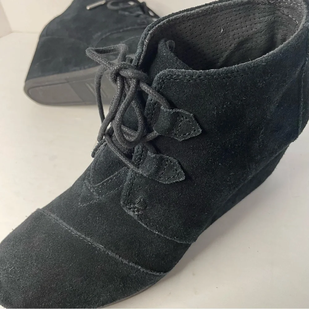 Toms Kala Black Leather‎ Suede Wedge Ankle Booties Round Toe BOHO